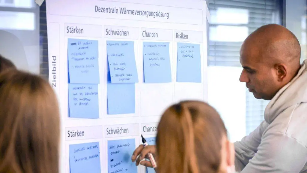 Bild: © WIEDERAUFBAU Drei Personen stehen vor einem Flipchart. Darauf werden die Stärken, Schwächen, Chancen und Risiken zur dezentralen Wärmeversorgungslösung festgehalten.