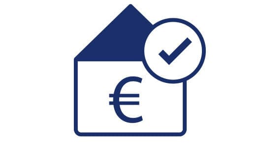 Symbol: Haus mit Eurowährungszeichen innen und Haken oben rechts