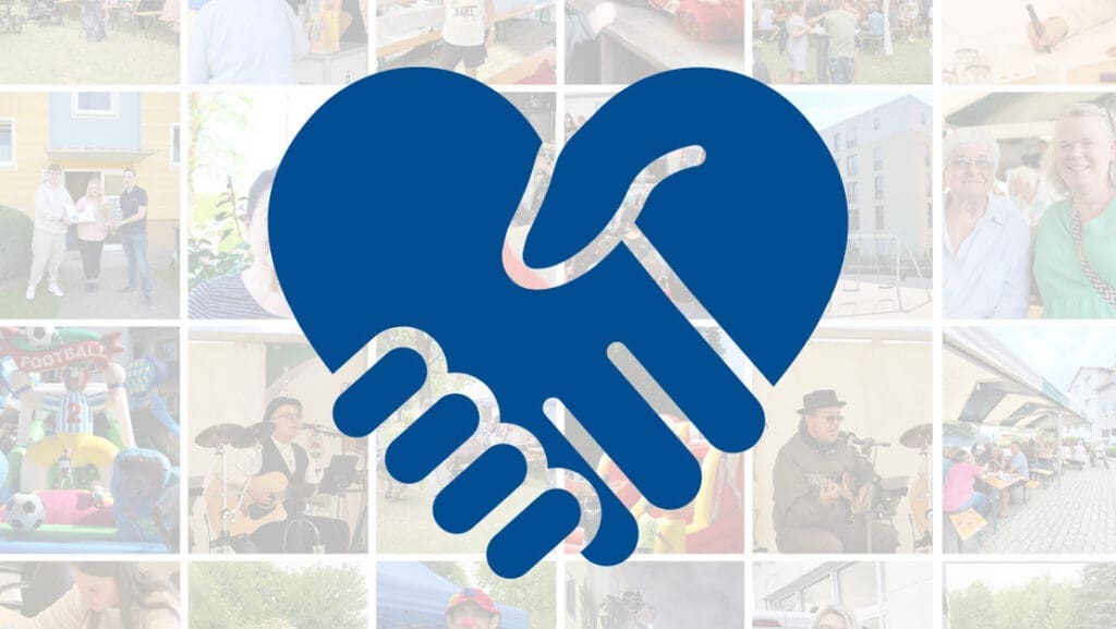Bild: Herz: ©Міша Герба Eine Grafik in Form von einem Herz das gleichzeitig einen Händedruck darstellt. Im Hintergrund sind Fotos von Veranstaltungen der Wiederaufbau zu sehen.