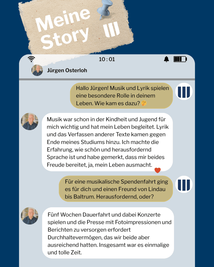 Ein Chat-Gespräch auf einem Smartphone-Bildschirm mit Jürgen Osterloh über seinen musikalischen Weg. Der Hintergrund ist in Blau und Beige gehalten und trägt den Titel Meine Story.