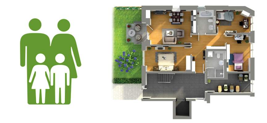 Ein grünes Symbol einer vierköpfigen Familie steht neben einem 3D-Grundriss eines Hauses mit zwei Schlafzimmern, einem Wohnzimmer, einer Küche, Badezimmern und einem Gartenbereich.