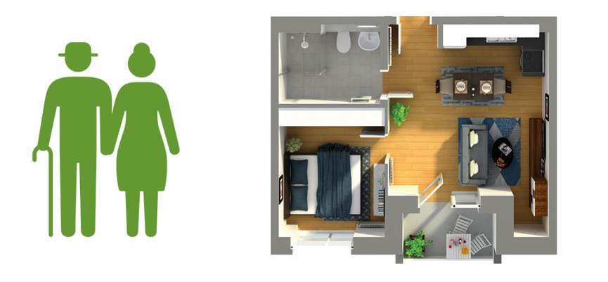 Ein grünes Symbol eines älteren Mannes mit Stock und einer Frau steht neben einem Grundriss, der eine Ein-Zimmer-Wohnung mit Schlafzimmer, Bad, Küche, Essbereich und Wohnzimmer zeigt.
