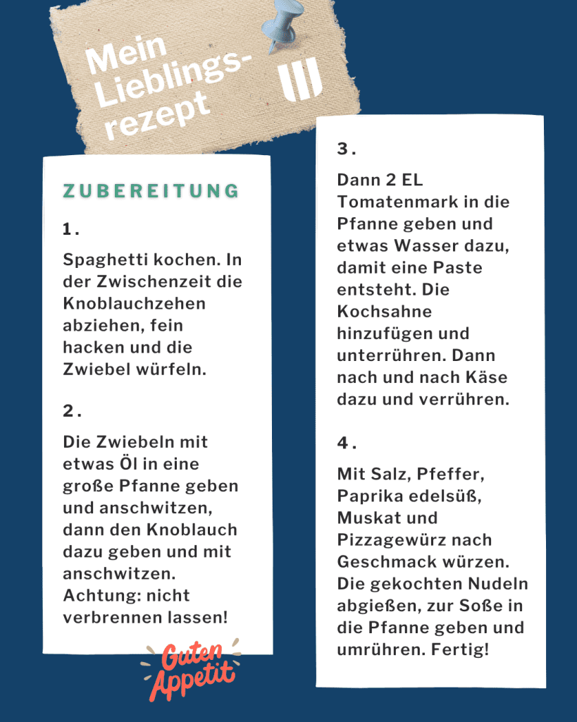 Deutsche Rezeptschritte für ein beliebtes Nudelgericht, unterteilt in drei Abschnitte mit nummerierten Anweisungen zum Kochen von Spaghetti, Braten von Knoblauch und Zwiebeln, Hinzufügen von Tomatenmark und Gewürzen und schließlich Mischen mit Käse und Nudeln.