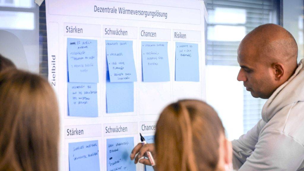 Bild: © WIEDERAUFBAU Drei Personen stehen vor einem Flipchart. Darauf werden die Stärken, Schwächen, Chancen und Risiken zur dezentralen Wärmeversorgungslösung festgehalten.