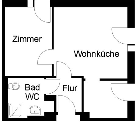 Bild: © WEDERAUFBAU Grundrissbeispiel einer Wohnung mit separatem Schlafzimmer und Wohnküche in der Juliusstraße.