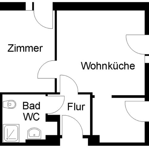 Bild: © WEDERAUFBAU Grundrissbeispiel einer Wohnung mit separatem Schlafzimmer und Wohnküche in der Juliusstraße.