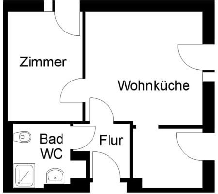 Bild: © WEDERAUFBAU Grundrissbeispiel einer Wohnung mit separatem Schlafzimmer und Wohnküche in der Juliusstraße.