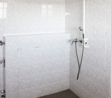 Bild: © WEDERAUFBAU Beispielhaft eine begehbare Dusche mit grauen Fließen und Durschvorhangvorrichtung.