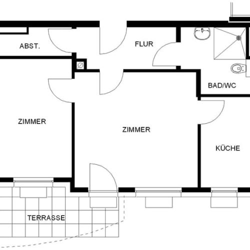 Bild: © WIEDERAUFBAU Grundrissbeispiel einer 2-Zimmer-Wohnung im Betreuten Wohnen Peiner Straße 6 in Vechelde.