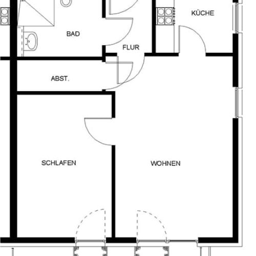 Bild: © WIEDERAUFBAU Grundrissbeispiel einer 2-Zimmer-Wohnung, Zugang über einen Laubengang des Betreuten Wohnen Volkmarode.