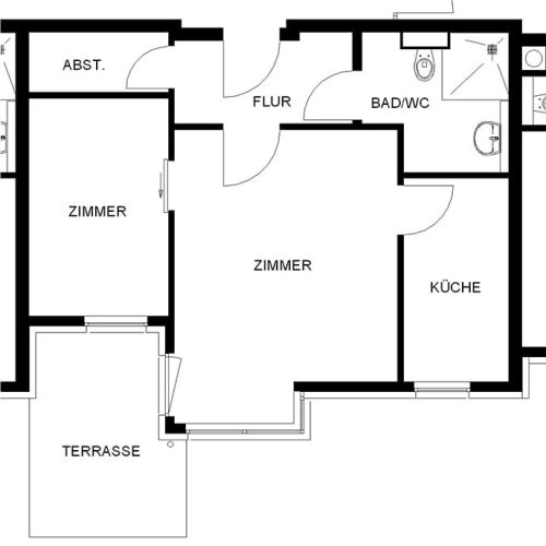 Bild: © WIEDERAUFBAU Grundrissbeispiel einer 2-Zimmer-Wohnung mit Terrasse im Betreuten Wohnen Wendeburg.