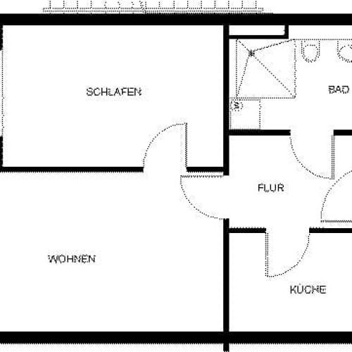 Bild: © WEDERAUFBAU Grundrissbeispiel einer 2-Zimmer Wohnung mit Terrasse und begehbarer Dusche.