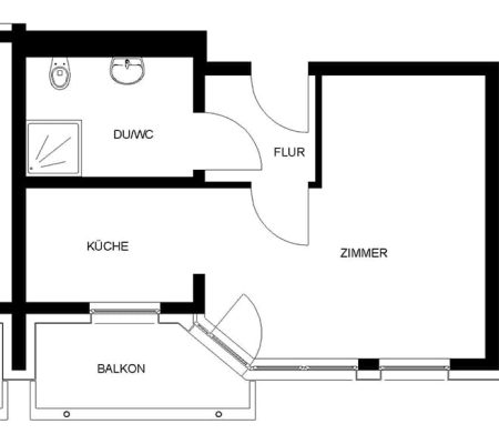 Bild: © WIEDERAUFBAU Grundrissbeispiel einer 1-Zimmer-Wohnung mit Wohnküche und Balkon im Betreuten Wohnen Wolfenbüttel.