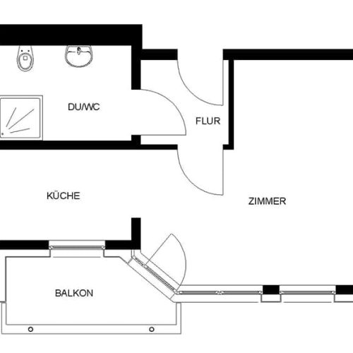 Bild: © WIEDERAUFBAU Grundrissbeispiel einer 1-Zimmer-Wohnung mit Wohnküche und Balkon im Betreuten Wohnen Wolfenbüttel.