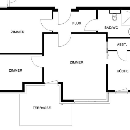 Bild: © WIEDERAUFBAU Grundrissbeispiel einer 3-Zimmer-Wohnung und Terrasse im Betreuten Wohnen Wendeburg.