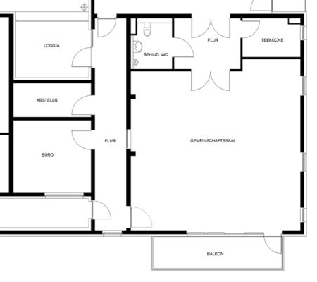 Bild: © WEDERAUFBAU Grundriss des Gemeinschaftssaals mit Küche und WC des Betreuten Wohnens Broitzem.