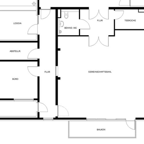 Bild: © WEDERAUFBAU Grundriss des Gemeinschaftssaals mit Küche und WC des Betreuten Wohnens Broitzem.