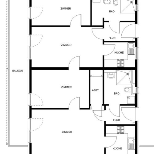 Bild: © WIEDERAUFBAU Grundrissbeispiele von zwei Zwei-Zimmer-Wohnungen und großem, durchgängigen Balkon im Betreuten Wohnen Volkmarode.